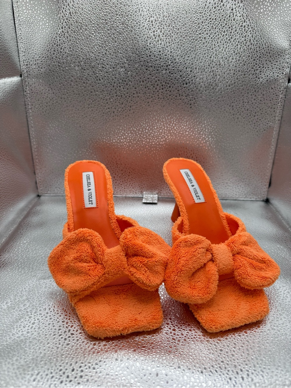 Chelsea & Violet Orange Plush Bow Slide Mules